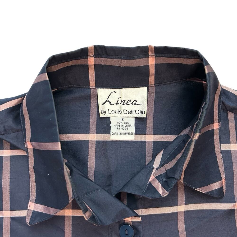 Linea Shirt Women S Small Blue Plaid Button Up Silk 3/4 Sleeve Collared Casual - Picture 3 of 7